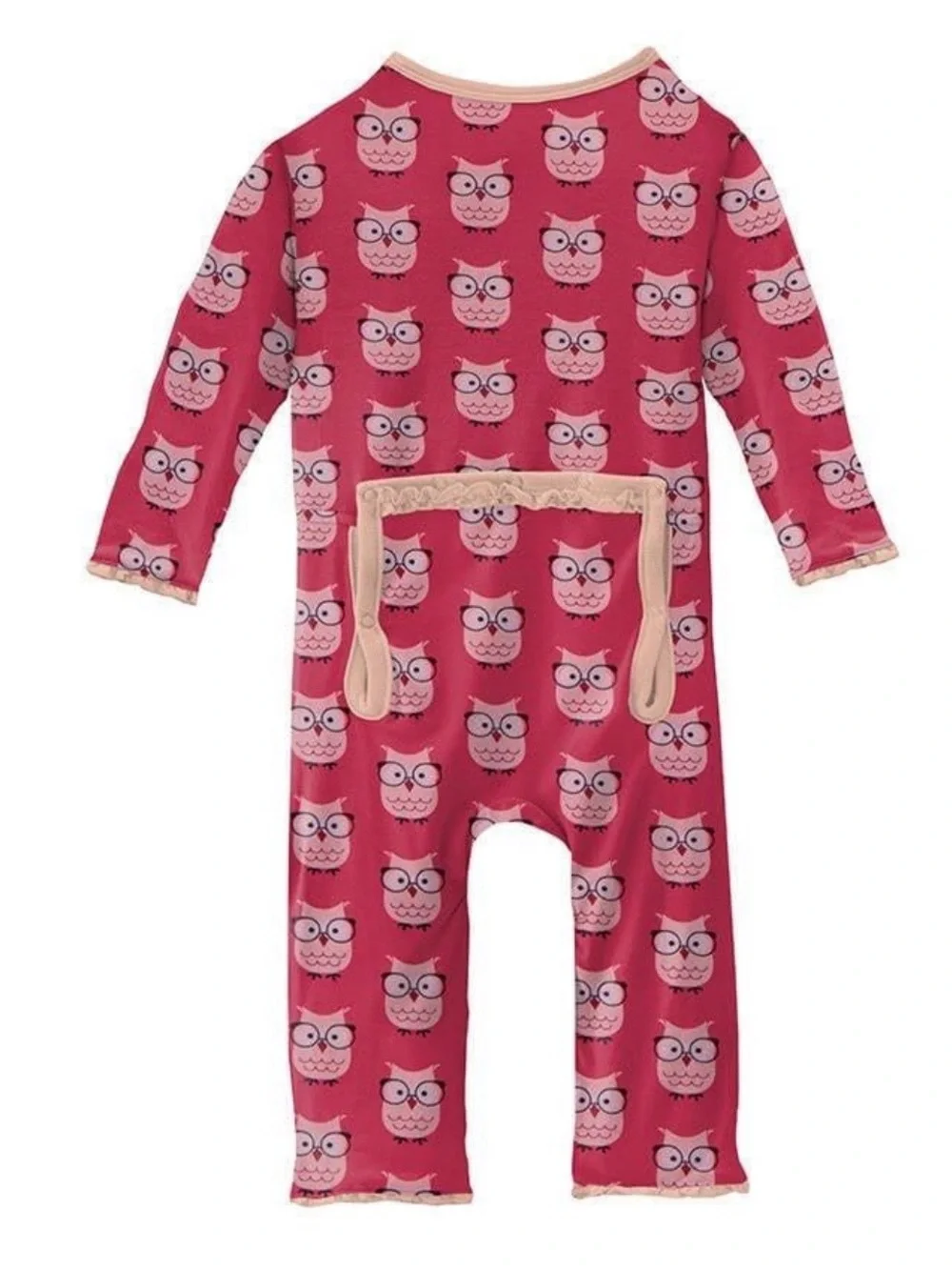 KicKee Pants baby footie features a pink Wise Owl print and a ruffled zipper dow